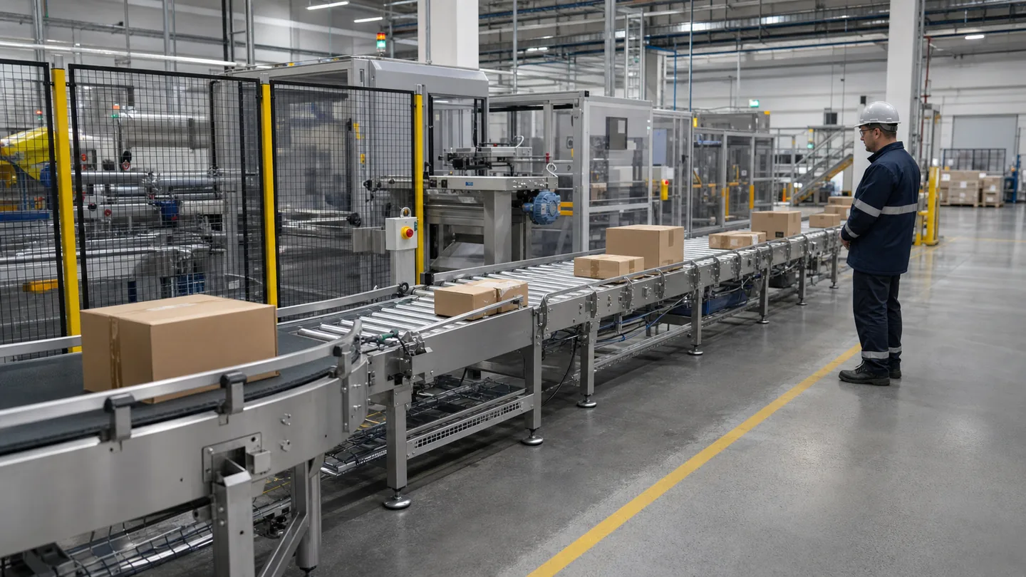Carton conveyor line combining a belt conveyor, powered roller conveyor and guarded transfer equipment