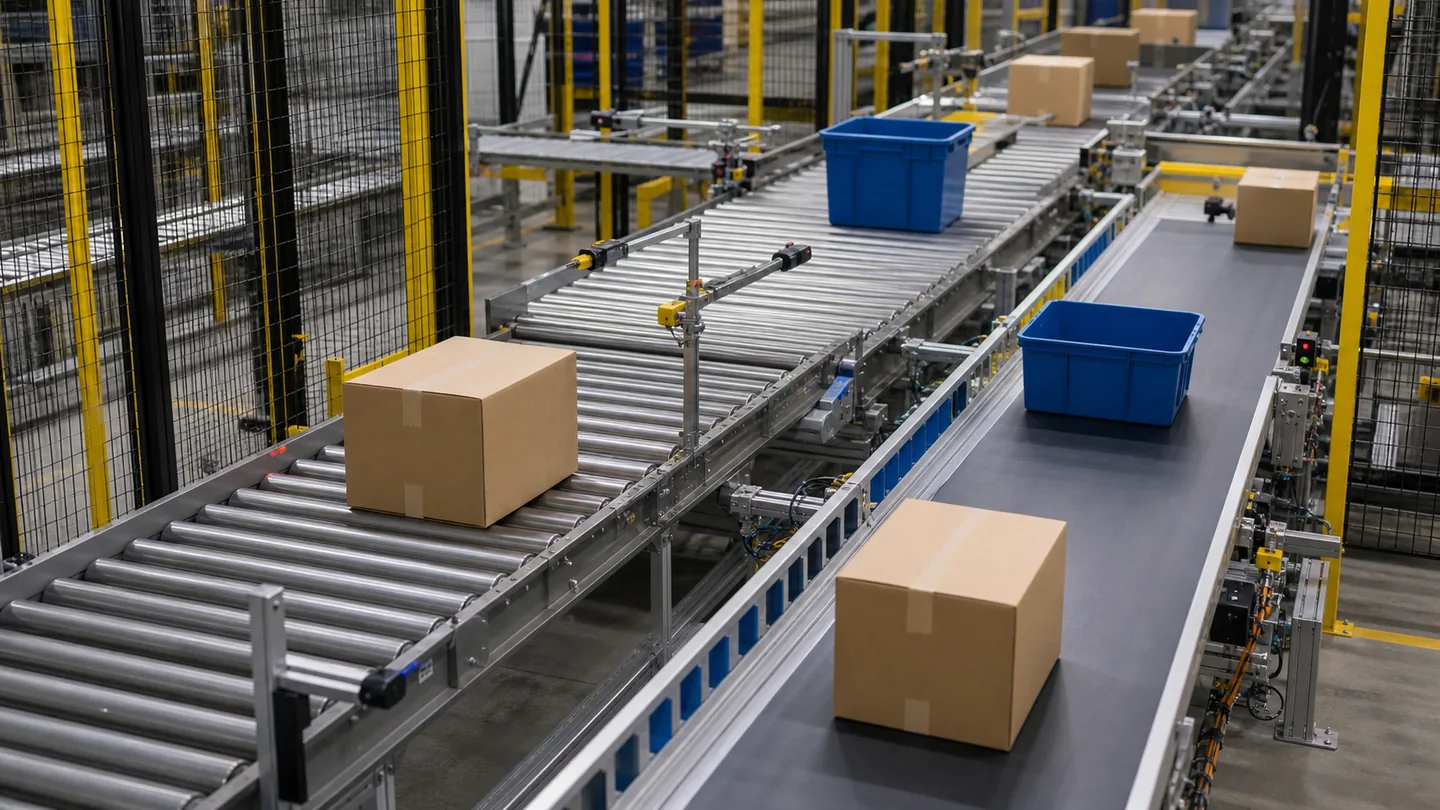 Cartons and plastic totes moving with controlled gaps on a conveyor line with photoelectric sensors