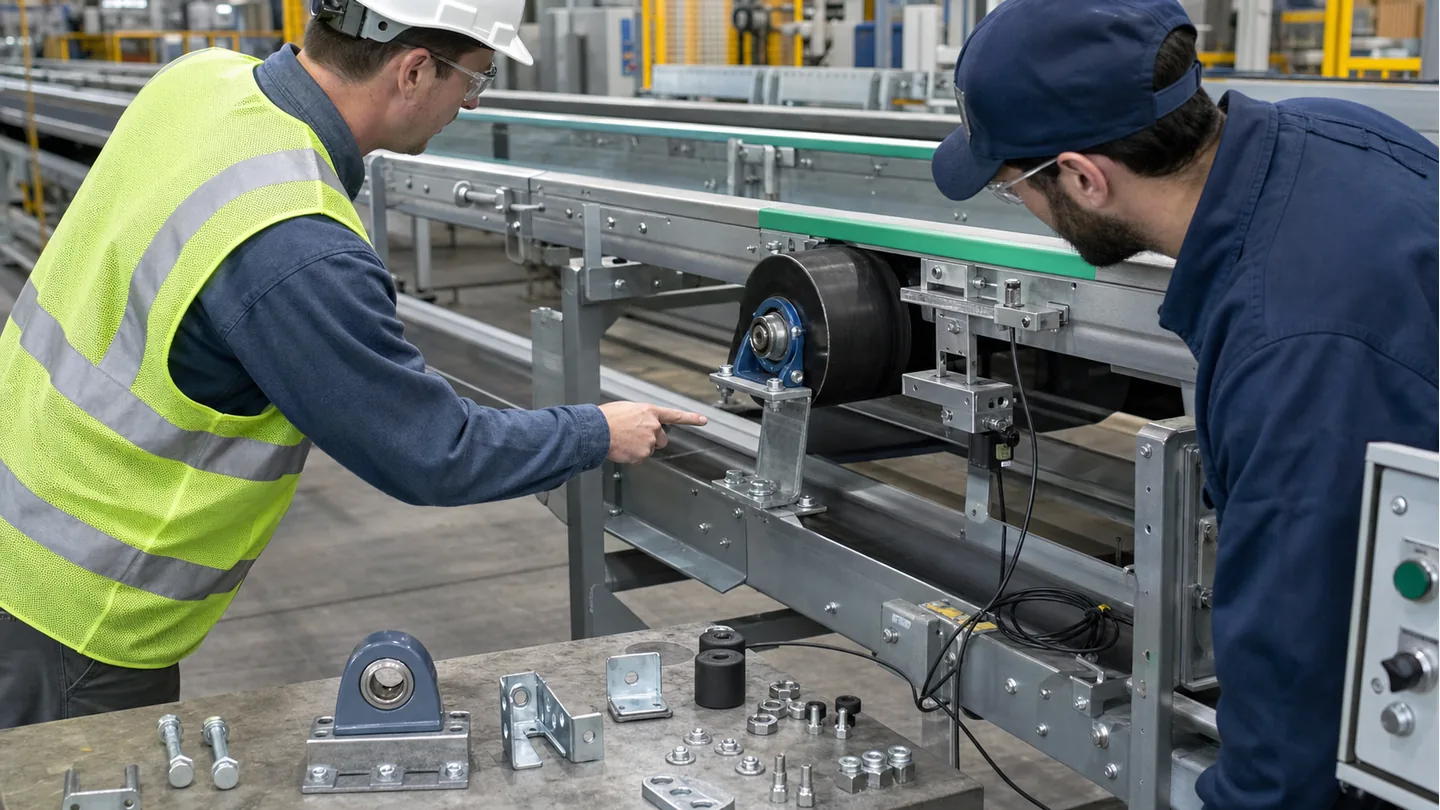 Engineer checking conveyor rollers belt section pulley guide rail and sensor bracket before an RFQ