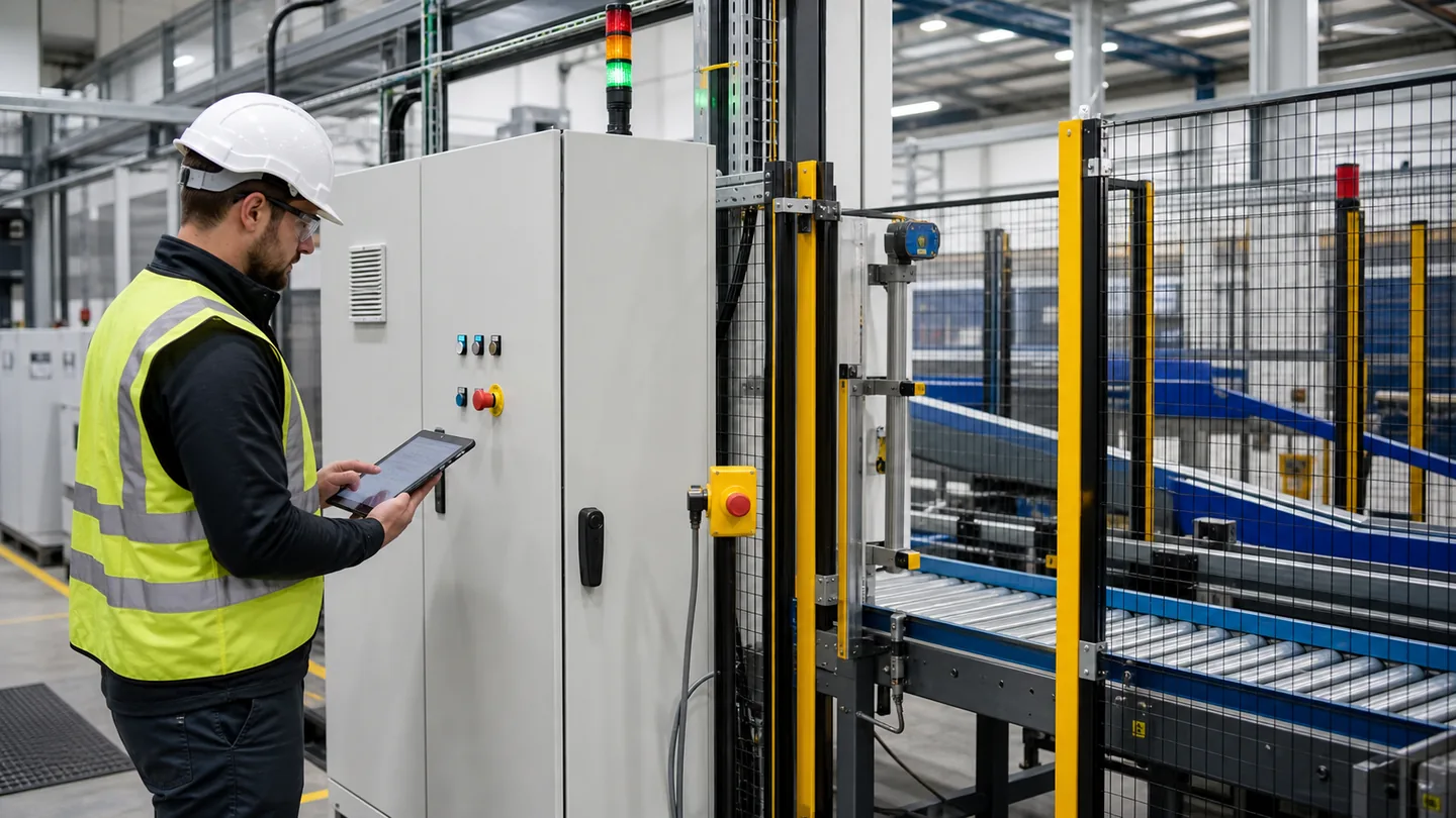 Automation engineer commissioning conveyor controls beside a guarded roller conveyor