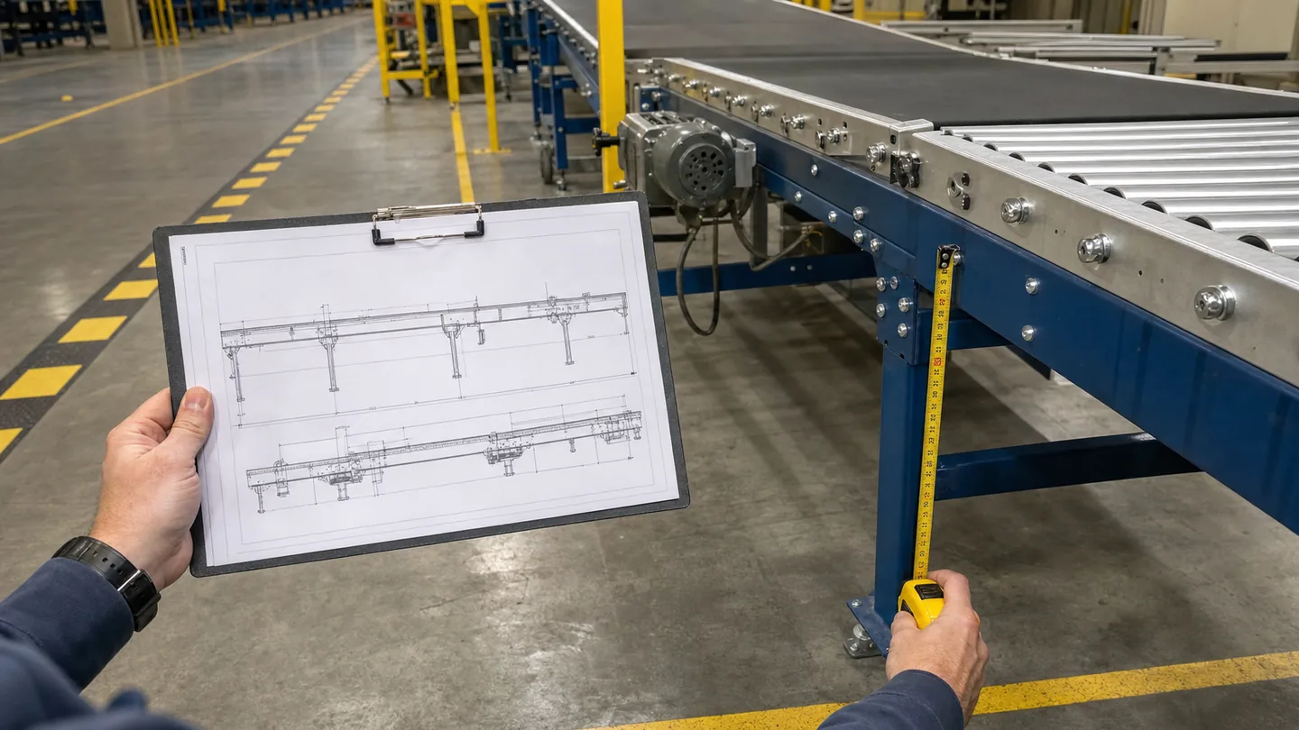 Engineer comparing a conveyor layout drawing with conveyor height and aisle clearance on a factory floor