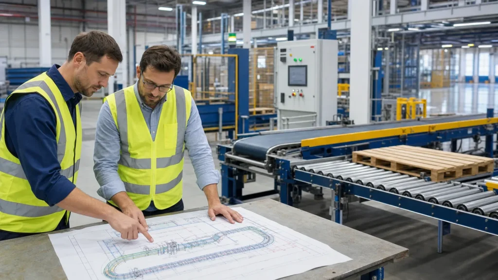 Engineers reviewing a conveyor layout drawing beside roller, belt and pallet conveyor sections