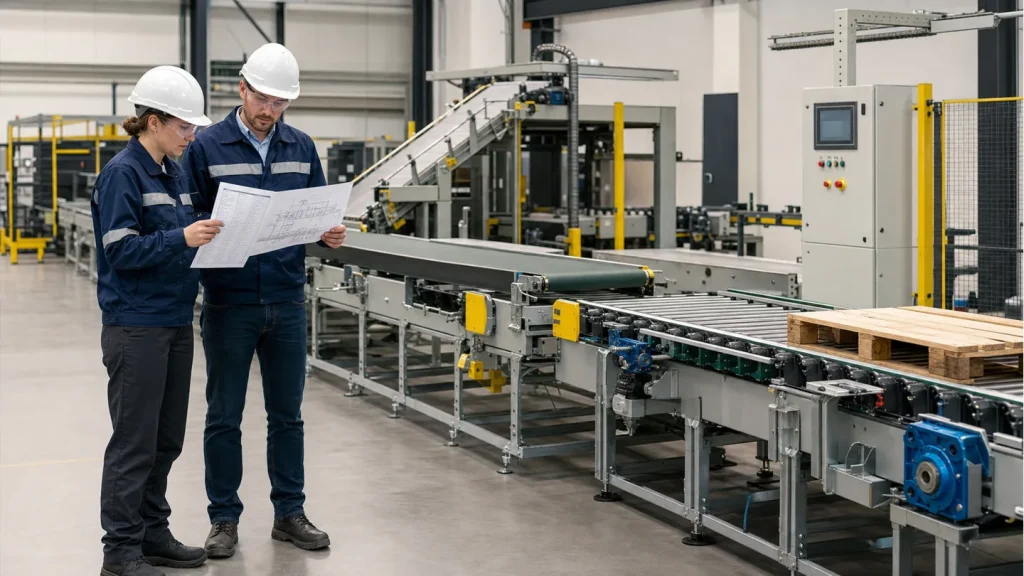 Project engineers reviewing conveyor system components beside a mixed belt roller and pallet conveyor line
