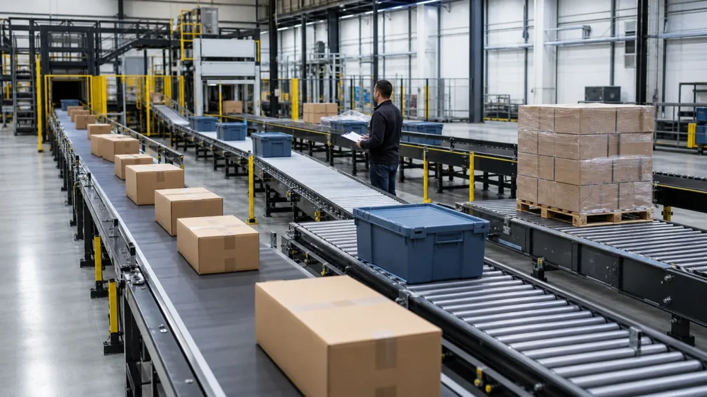 Industrial conveyor line moving boxes, totes and palletized loads through multiple conveyor sections