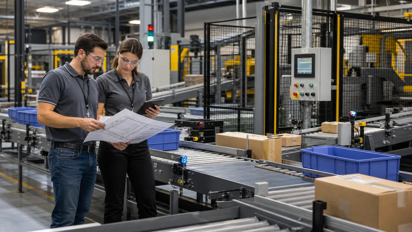 Engineers reviewing conveyor layout and line balancing beside an operating conveyor system with boxes and totes