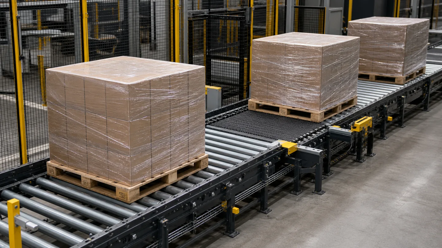 Palletized carton loads moving through roller and transfer sections with spacing between pallets