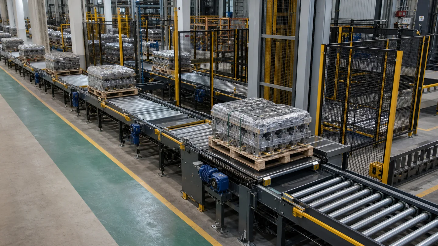 Heavy-duty pallet conveyor layout with powered rollers, chain transfer and safety guarding