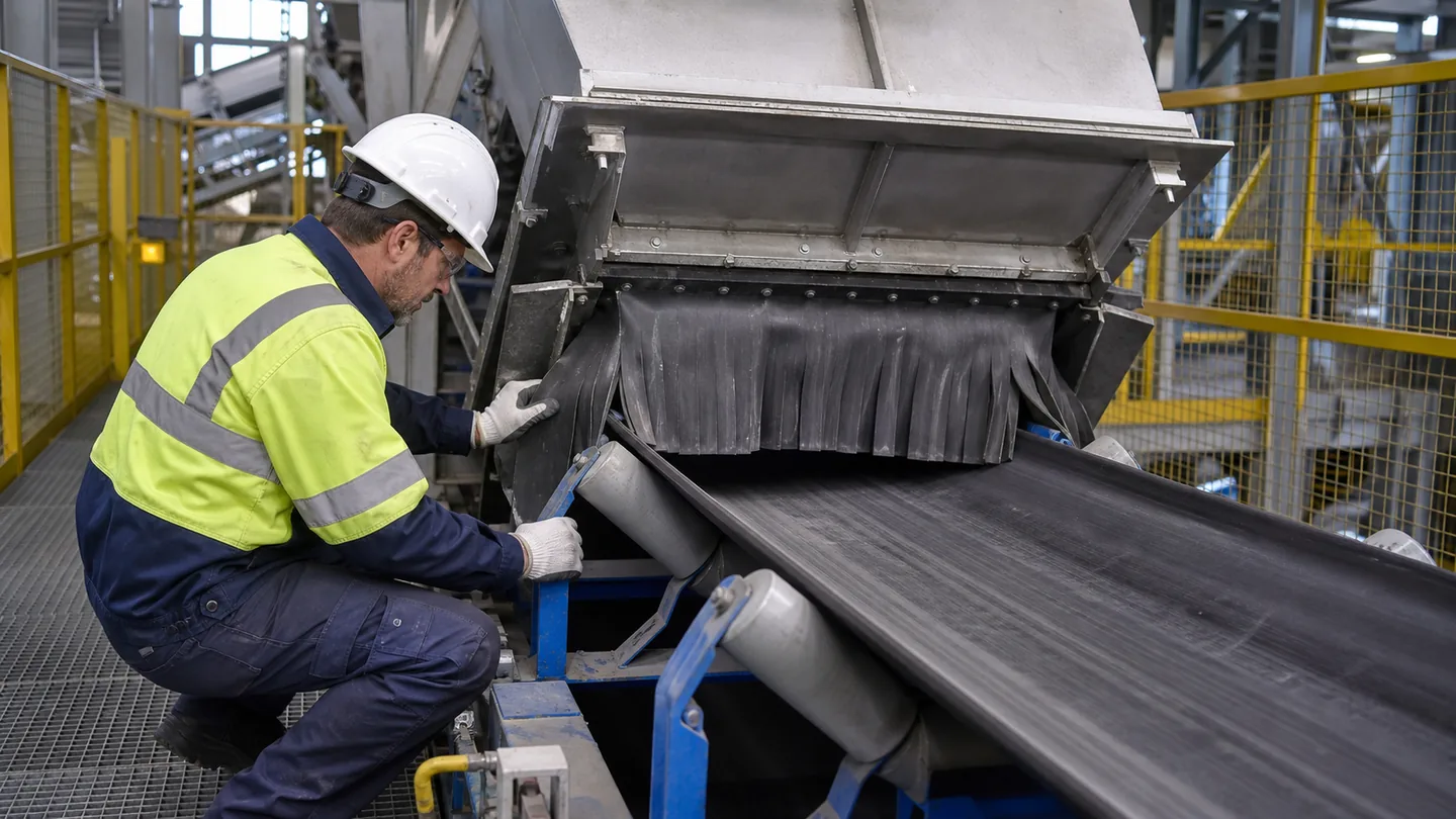Maintenance technician checking belt conveyor loading zone skirt sealing and belt support at a transfer point
