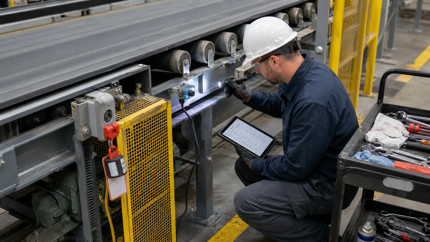 Maintenance technician inspecting conveyor rollers belt edge sensor bracket and guarded drive area during preventive service