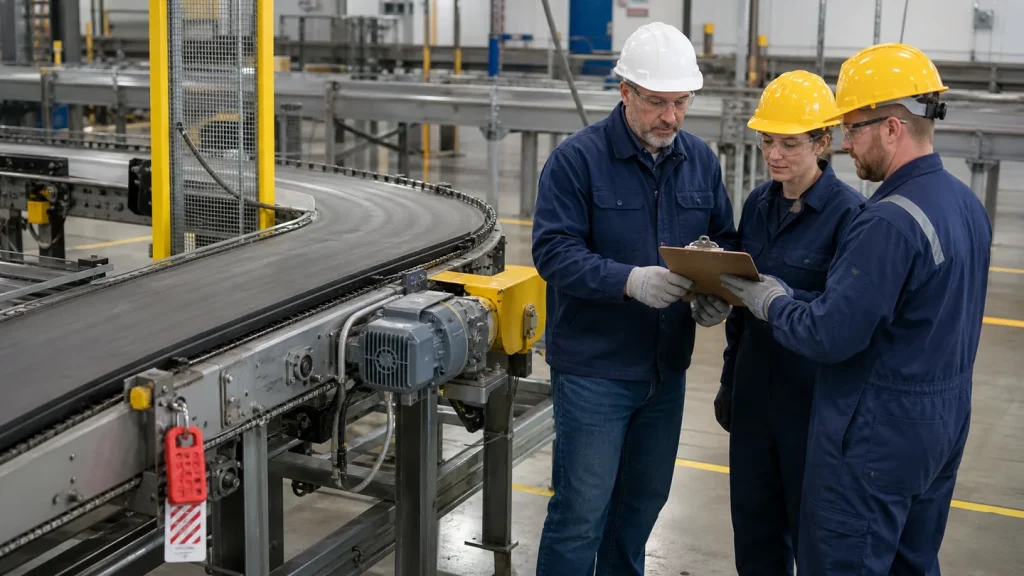 Maintenance technicians and engineer reviewing a preventive conveyor maintenance checklist beside a stopped conveyor line